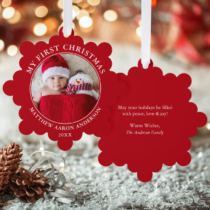 My First Christmas Photo Red Ornament Card