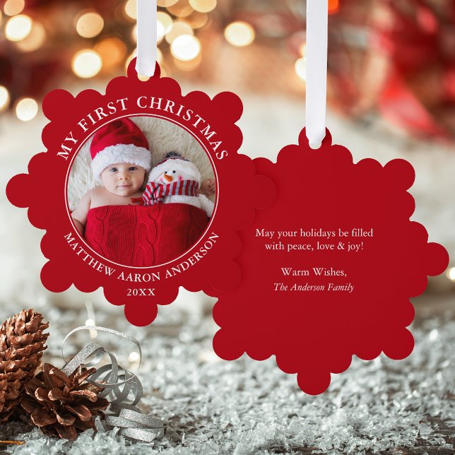 My First Christmas Photo Red Ornament Card (A greeting card that is also an ornament! Customize with your photo and personalized text.)