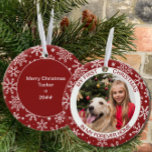 My First Christmas | Photo Red Snowflake Ceramic Ceramic Ornament<br><div class="desc">My First Christmas ornament personalized with your photo and custom text. This holiday ornament is red and decorated with white snowflakes. It is lettered with "my first christmas in my forever home" and you are welcome to edit "in my forever home" to wording of your choice. The back has more...</div>