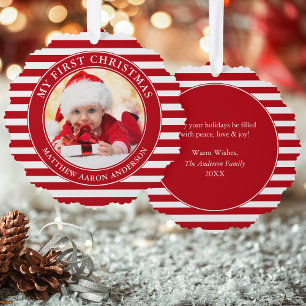 My First Christmas Photo Red Stripes Ornament Card