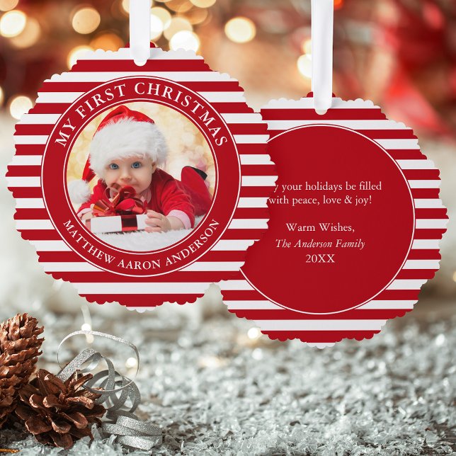 My First Christmas Photo Red Stripes Ornament Card (A greeting card that is also an ornament! Customize with your photo and personalized text.)