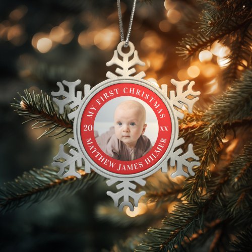 My First Christmas Photo Snowflake Pewter Christmas Ornament