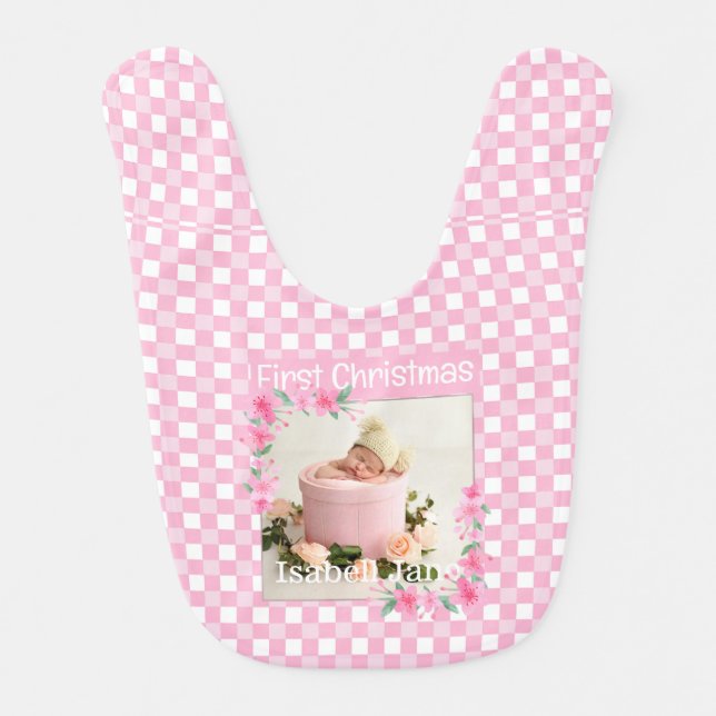 My First Christmas Pink Buffalo Plaid Baby Photo  Baby Bib (Front)
