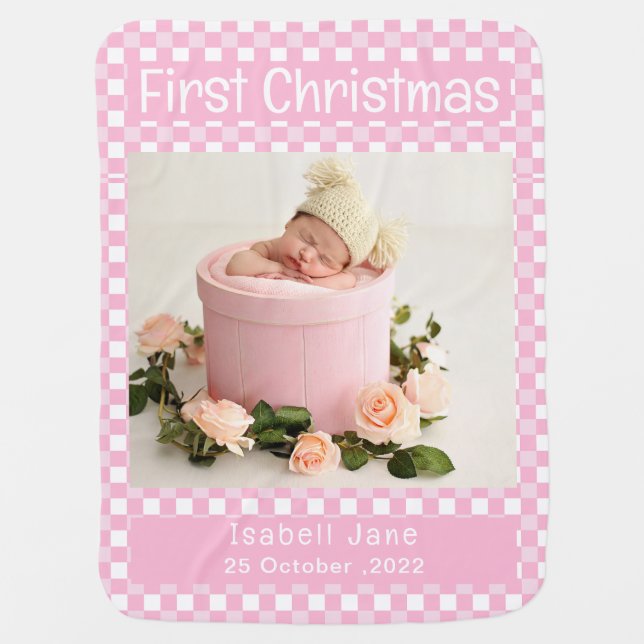 My First Christmas Pink Buffalo Plaid Baby Photo  Baby Blanket (Front)