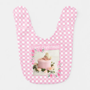 My First Christmas Pink Buffalo Plaid Baby Photo Bib