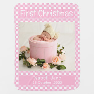 My First Christmas Pink Buffalo Plaid Baby Photo  Blanket