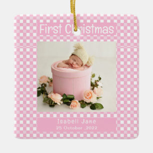 My First Christmas Pink Buffalo Plaid Baby Photo Ceramic Ornament