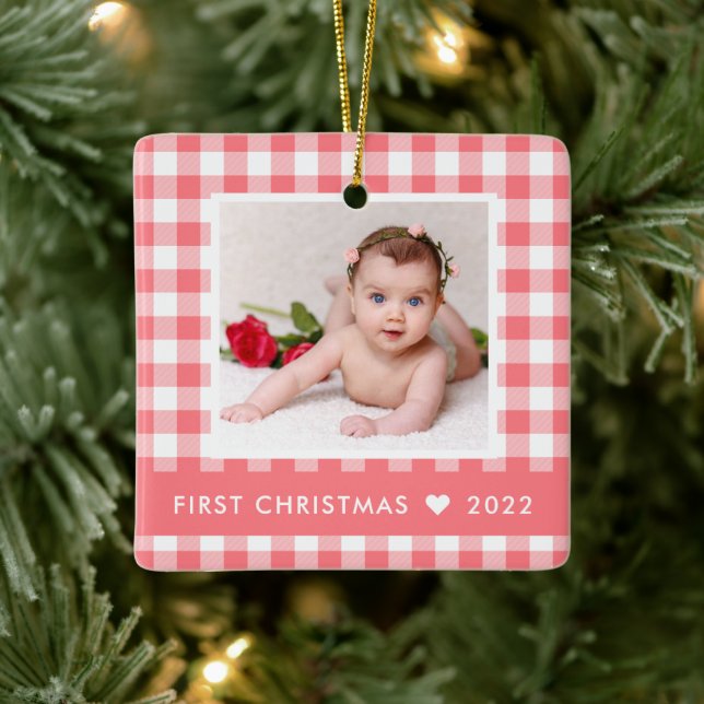My First Christmas Pink Buffalo Plaid Baby Photo Ceramic Ornament (Tree)