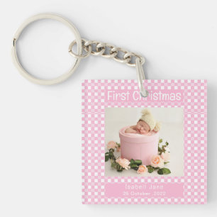 My First Christmas Pink Buffalo Plaid Baby Photo  Keychain