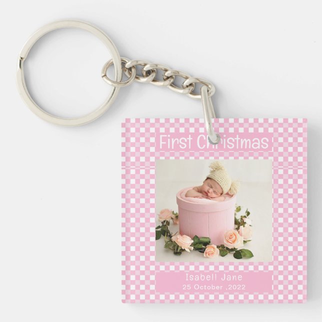 My First Christmas Pink Buffalo Plaid Baby Photo  Keychain (Front)