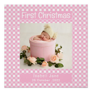 My First Christmas Pink Buffalo Plaid Baby Photo Poster
