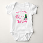 My First Christmas Pink Christmas Tree and Gifts Baby Bodysuit<br><div class="desc">Cute litte bodysuit for your baby girl's first Christmas, which you can personalize. The design has cute pink lettering with candy canes which reads "first christmas" and a festive Christmas tree with pink Christmas presents. It has a girly color palette of pink and green on a white bodysuit. Please browse...</div>