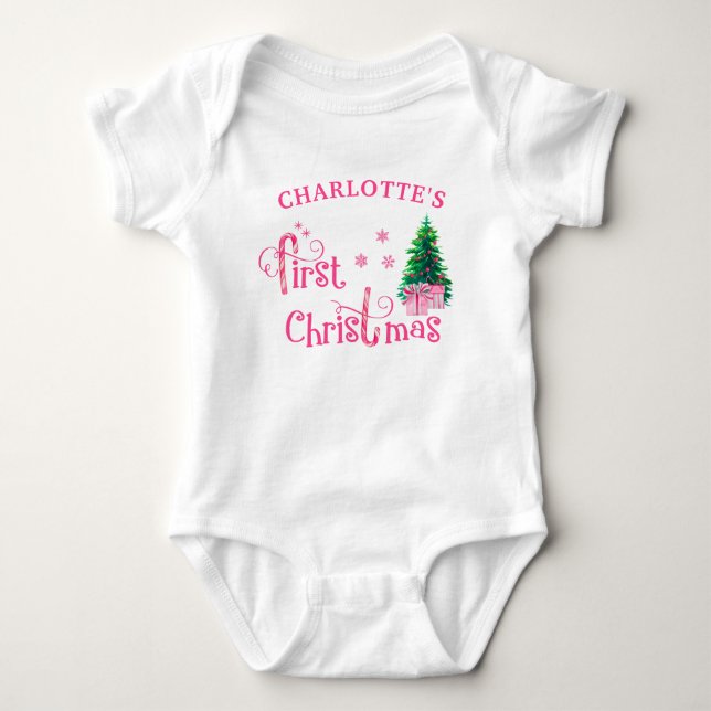 My First Christmas Pink Christmas Tree and Gifts Baby Bodysuit (Front)