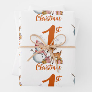 My First Christmas Pink Deer Xmas Girl Snowman Wrapping Paper Sheets