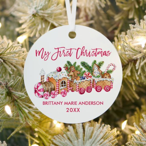 My First Christmas Pink Gingerbread Train Baby Metal Ornament