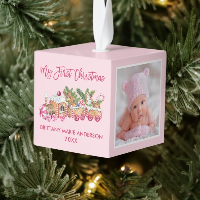 My First Christmas Pink Gingerbread Train Photo Cube Ornament (Tree)