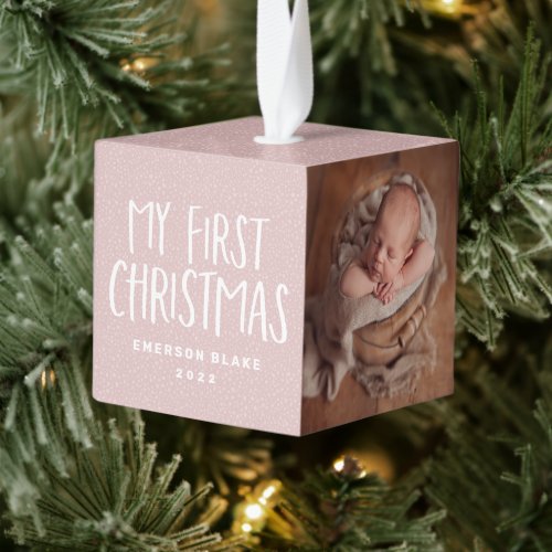 My first Christmas pink personalized baby photo Cube Ornament
