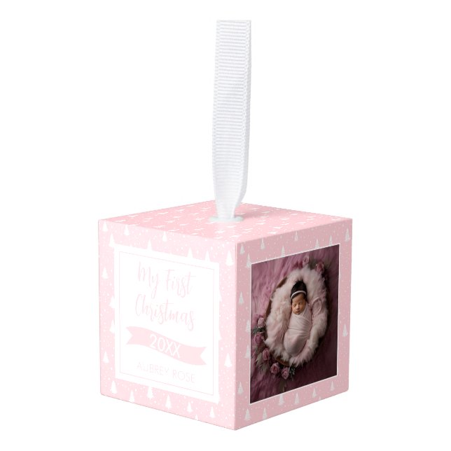 MY FIRST CHRISTMAS PINK PHOTO Cube Ornament (Front Angled)