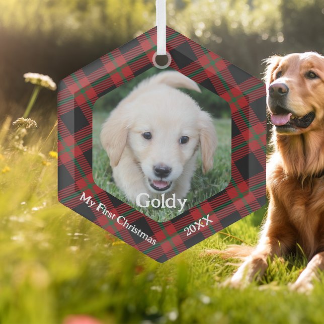 My First Christmas Plaid Pet Photo Glass Ornament (Creator Uploaded)
