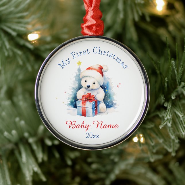 My First Christmas Polar Bear Custom Name Keepsake Metal Ornament (Creator Uploaded)