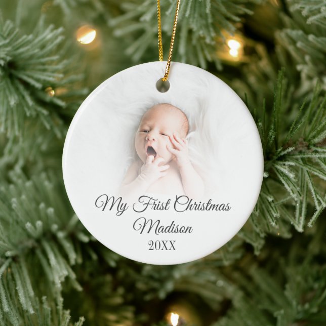 My First Christmas Quote Monogram Baby Photo Ceramic Ornament (Tree)