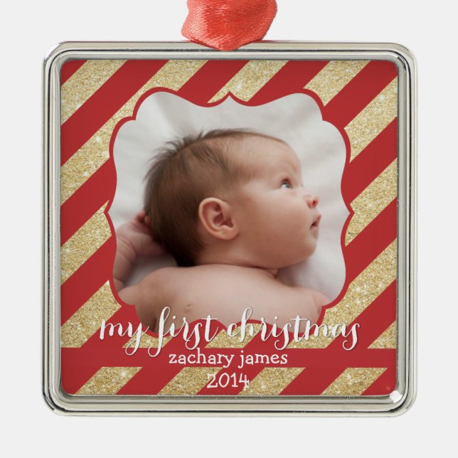 My First Christmas Red and Gold Stripe Ornament (Front)