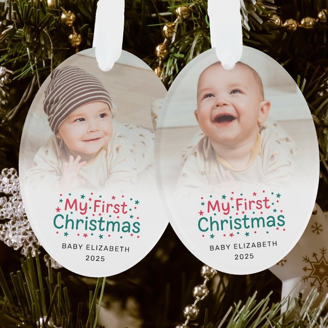 My First Christmas Red and Green Cute Baby Photo Ornament (Creator Uploaded)