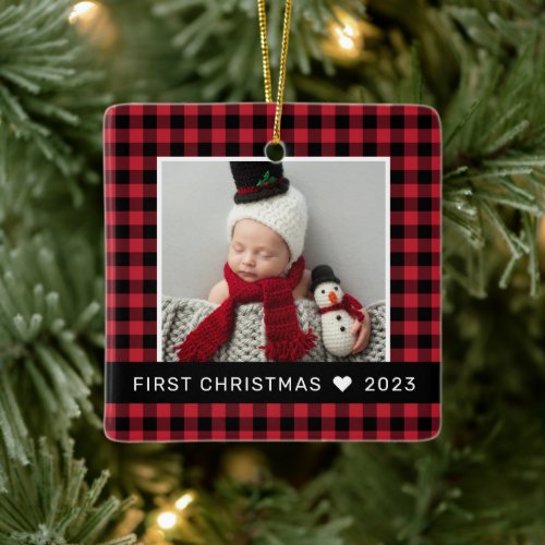 My First Christmas Red Buffalo Plaid Baby Photo Ceramic Ornament