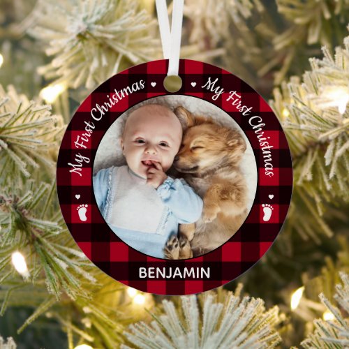 My First Christmas Red Buffalo Plaid Baby Photo Metal Ornament