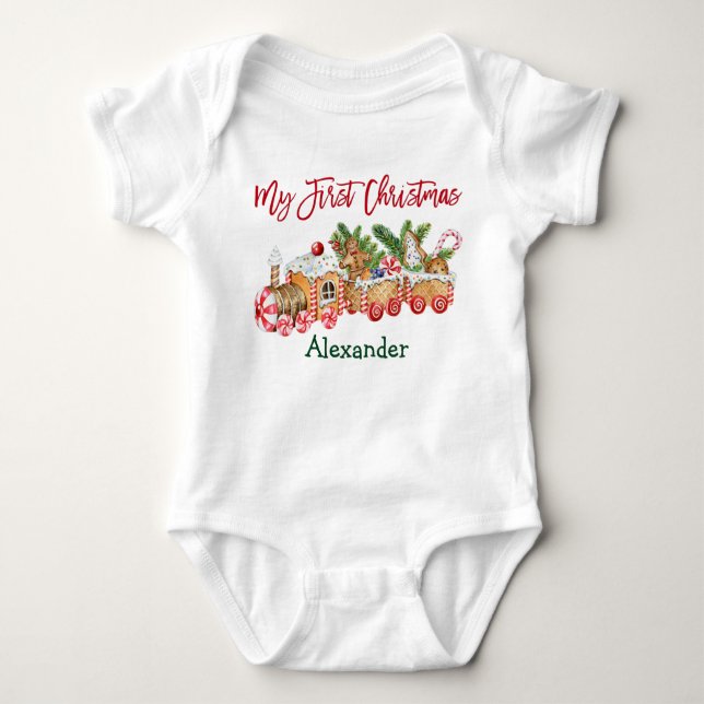 My First Christmas Red Candy Gingerbread Train Baby Bodysuit (Front)