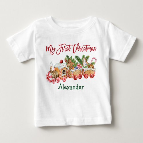 My First Christmas Red Candy Gingerbread Train Baby T_Shirt