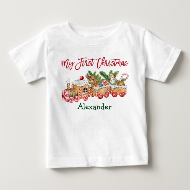 My First Christmas Red Candy Gingerbread Train Baby T-Shirt (Front)