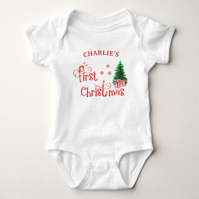 My First Christmas Red Christmas Tree and Gifts Baby Bodysuit (Front)