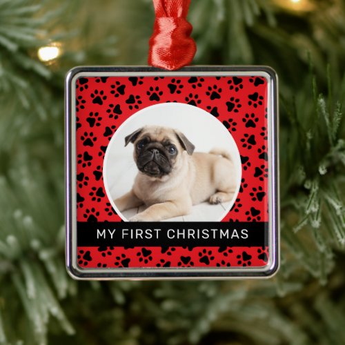 My First Christmas Red Custom Puppy Photo Metal Ornament