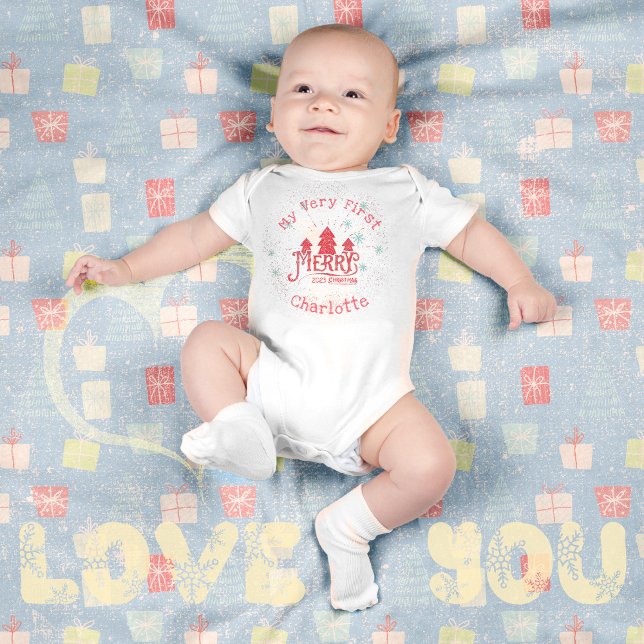 My First Christmas Red Name Cute Baby Bodysuit (First Merry Christmas Name Cute Red Baby Bodysuit ©Susanne Sachers - Sunny Mind Design)