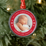 My First Christmas Red Personalized Baby Photo Metal Ornament<br><div class="desc">Personalize this modern and elegant 'My First Christmas' ornament with your baby boy's photo,  his full name,  and the year of her birth. Elegant holiday red and white round-shaped text and snowflake accents beautifully frames his photo. Photo tip: crop photo to a square format before uploading to the site.</div>