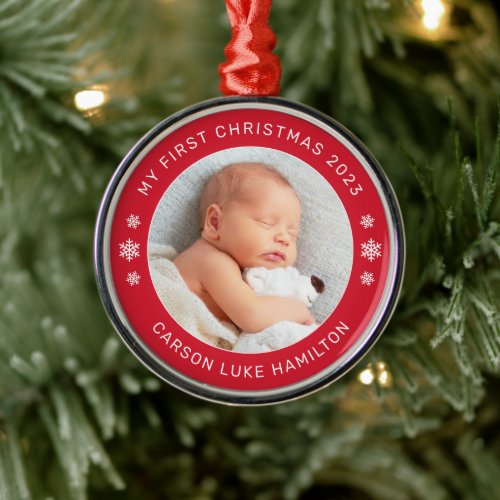 My First Christmas Red Personalized Baby Photo Metal Ornament