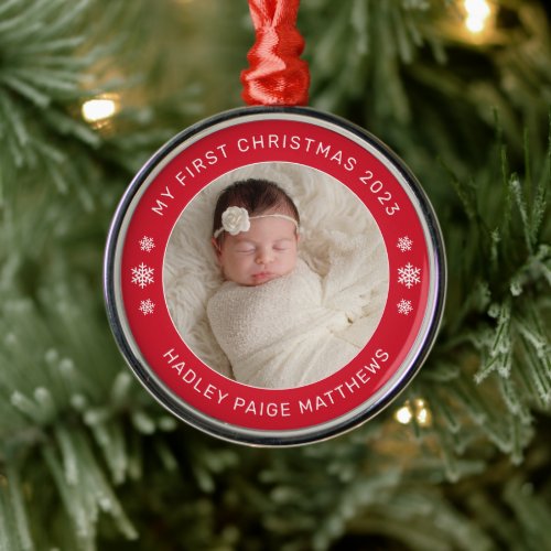 My First Christmas Red Personalized Baby Photo Metal Ornament