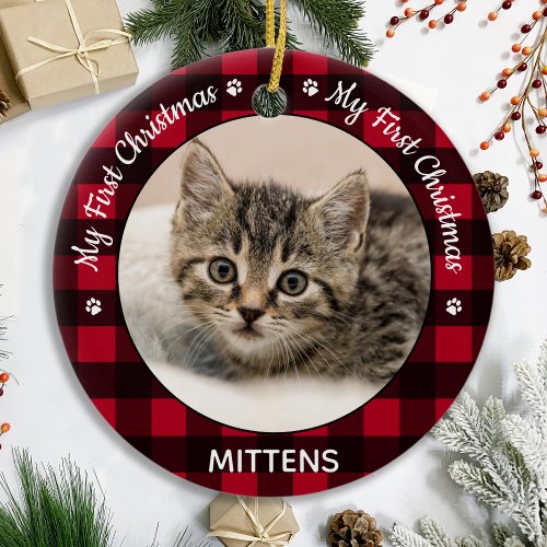My First Christmas Red Plaid Cat Kitten Pet Photo Ceramic Ornament