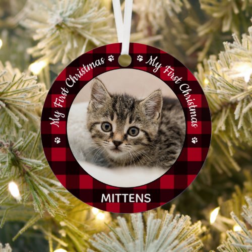 My First Christmas Red Plaid Cat Kitten Pet Photo  Metal Ornament