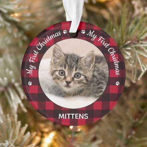 My First Christmas Red Plaid Cat Kitten Pet Photo Ornament