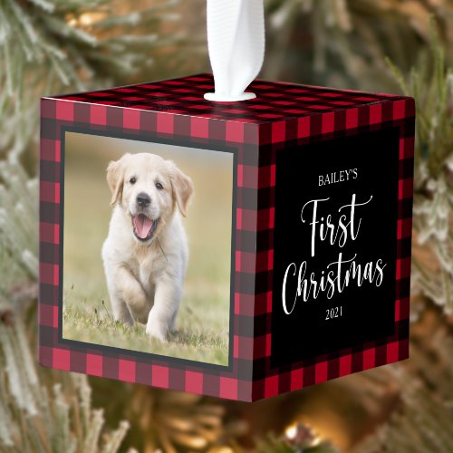 My First Christmas Red Plaid Dog Puppy 3 Pet Photo Cube Ornament