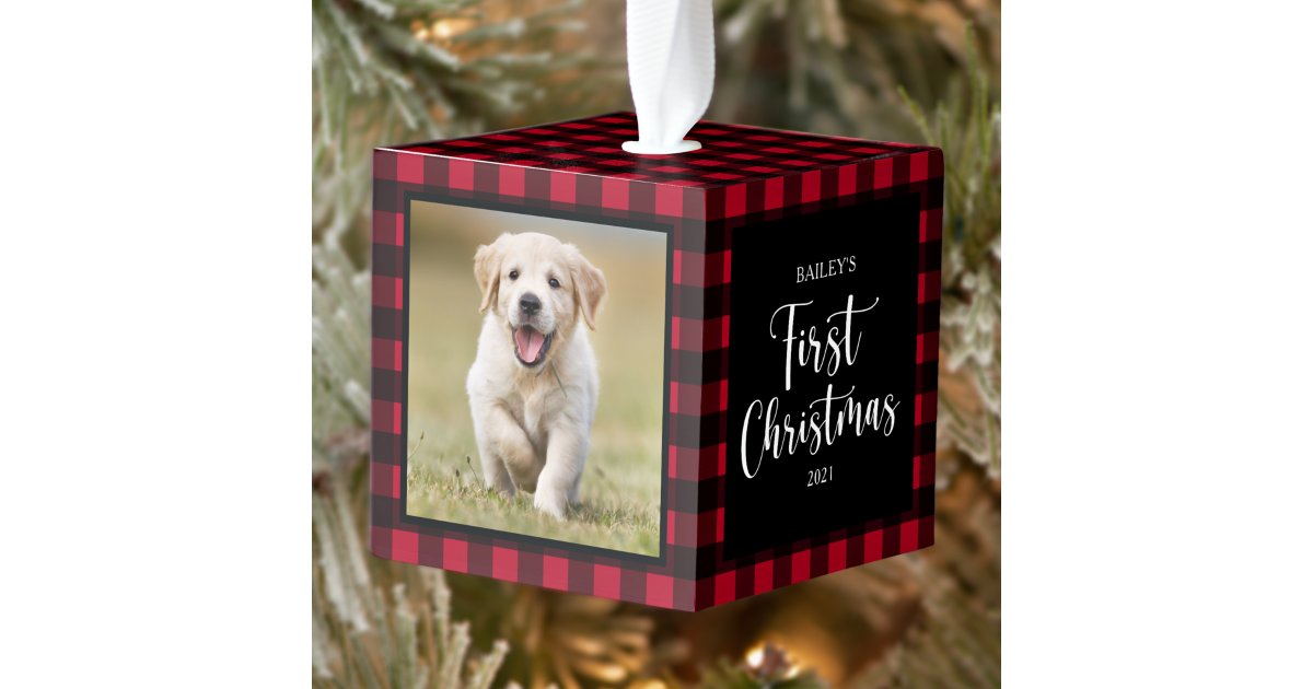 My First Christmas Red Plaid Dog Puppy 3 Pet Photo Cube Ornament | Zazzle
