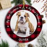 My First Christmas Red Plaid Dog Puppy Pet Photo Ceramic Ornament<br><div class="desc">My First Christmas! Decorate your tree or send a special gift with this super cute personalized custom pet photo holiday ornament. Add your dog's photo and personalize with name and year. Ornament is double sided, you can do different photos each side. COPYRIGHT © 2020 Judy Burrows, Black Dog Art -...</div>