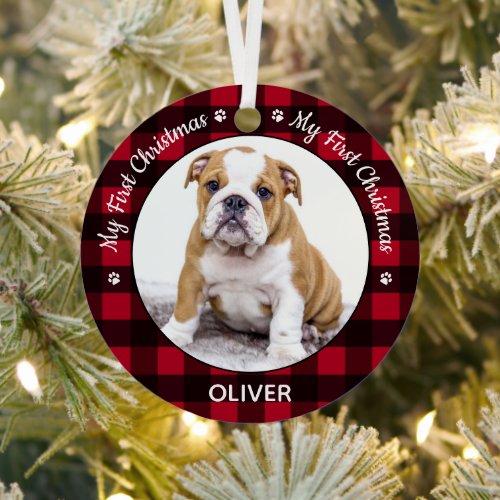 My First Christmas Red Plaid Dog Puppy Pet Photo Metal Ornament