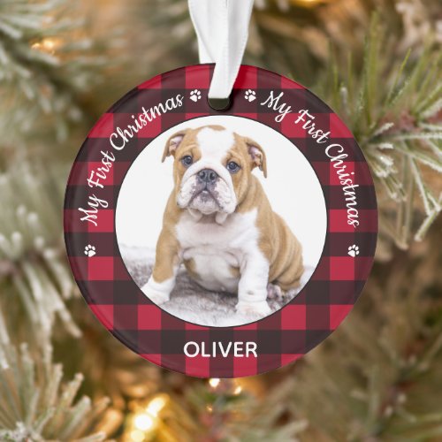 My First Christmas Red Plaid Dog Puppy Pet Photo Ornament