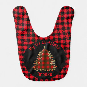 My First Christmas red plaid xmas tree baby name Bib