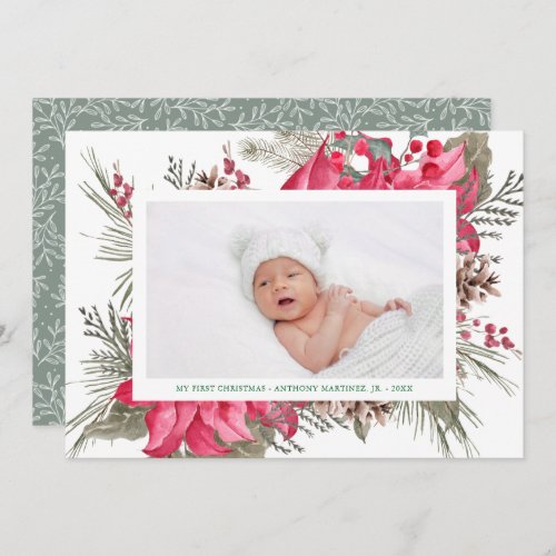 My First Christmas Red Poinsettia Baby Photo Holiday Card