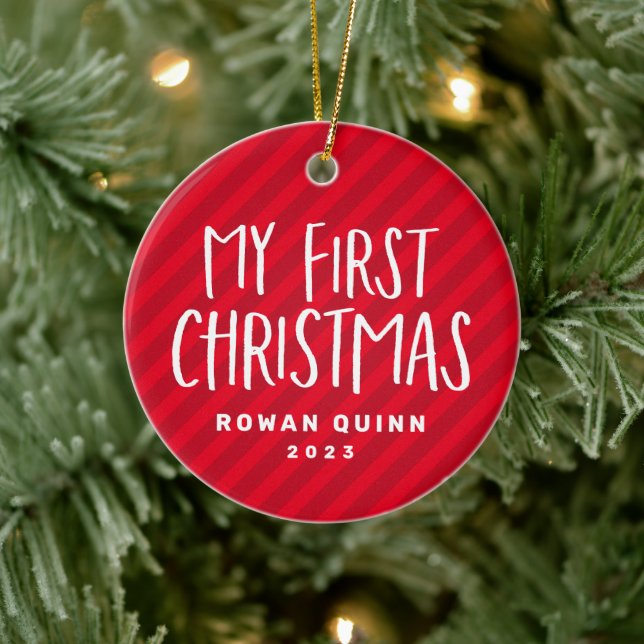 My first Christmas red striped baby photo Ceramic Ornament (Tree)