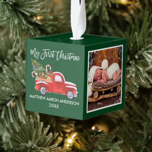 My First Christmas Red Truck Candy Cane Baby Photo Cube Ornament